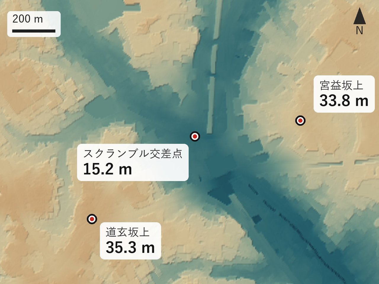 標高で色分けした渋谷。交差点は青い谷の真ん中にある